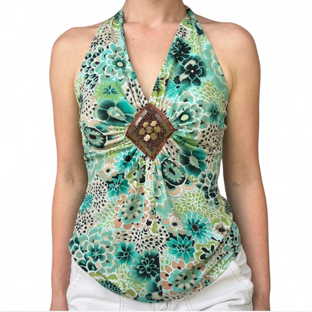Vintage Floral Halter Top with Beaded Detail